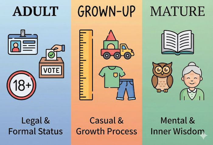 Infographic comparing Adult, Grown-up, Mature. / 「大人」3単語の比較図。
