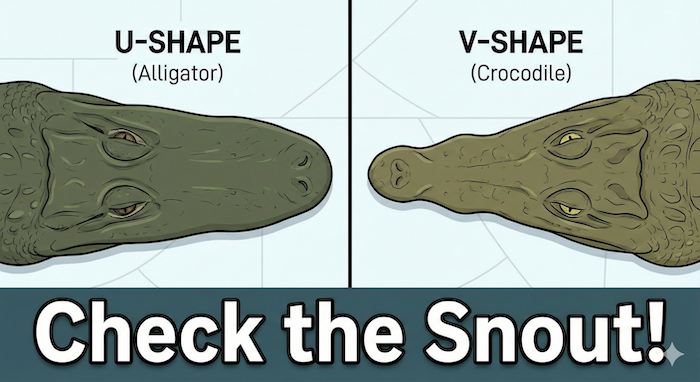 Alligator's U-shape vs Crocodile's V-shape snout. / アリゲーターのU字型とクロコダイルのV字型の口の形