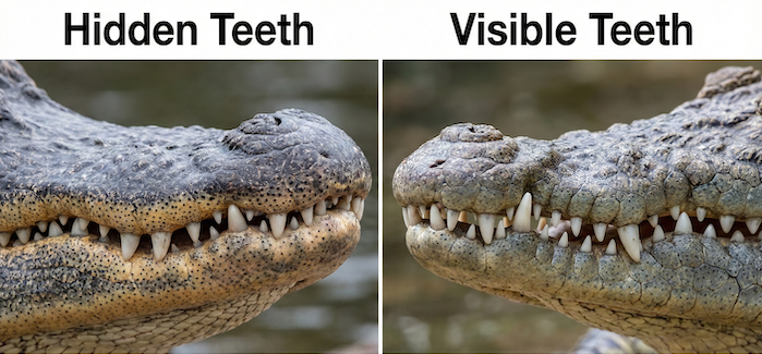 Teeth visibility comparison: Alligator vs Crocodile. / 歯の見え方の比較:アリゲーターとクロコダイル