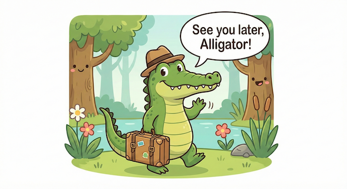 Cartoon Alligator saying "See you later, Alligator!". / "See you later, Alligator!"と言う漫画のアリゲーター