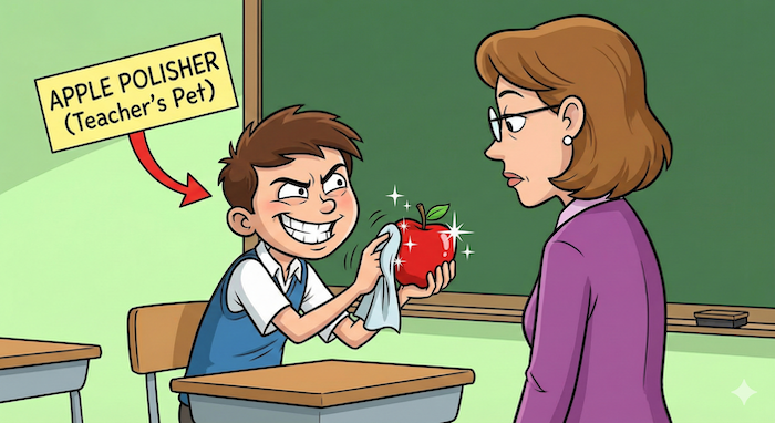 Cartoon of a student polishing an apple for a teacher. 代替テキスト: 先生にリンゴを磨く生徒の漫画。