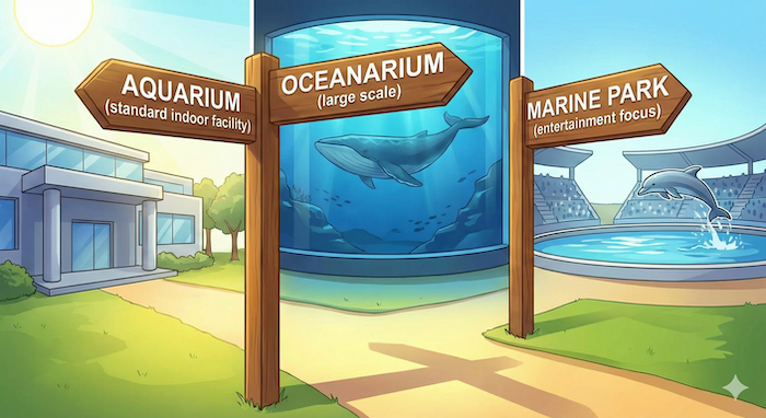 Signpost comparing aquarium types (水族館の種類を比較する標識)