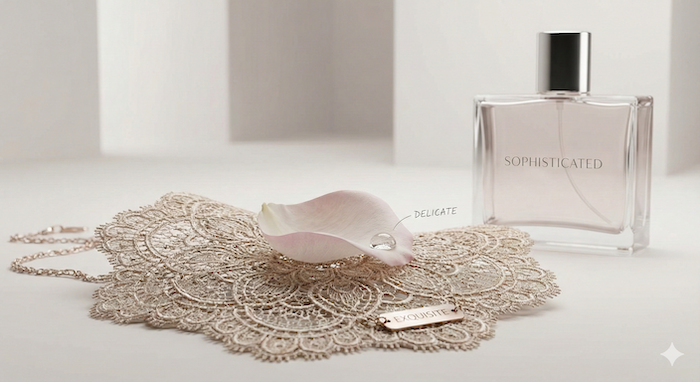 Detailed lace, delicate petal with dewdrop, and perfume bottle. / 精巧なレース、繊細な花びらと朝露、香水瓶。