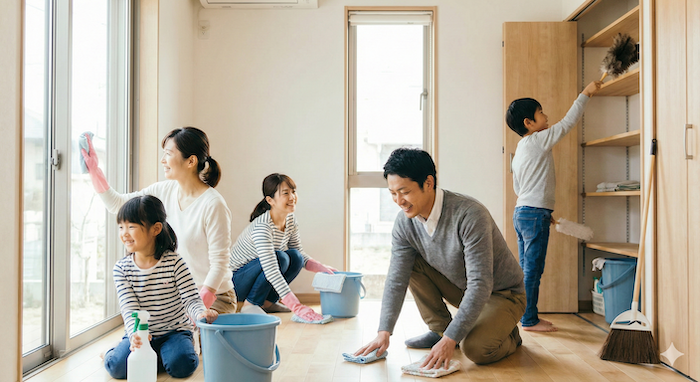 Japanese family cleaning home / 日本の家族の大掃除