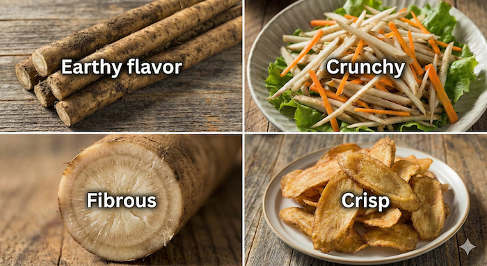 Burdock textures and flavors collage. JP: ゴボウの食感と風味のコラージュ。