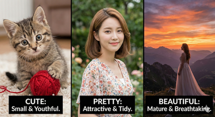 Pretty (woman), Beautiful (sunset landscape) comparison. (かわいい(子猫)、きれい(女性)、美しい(夕暮れの風景)の比較)