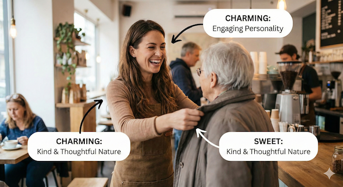 Charming woman helping elder in cafe, kind nature. (カフェで年配者を助ける魅力的な女性、優しい性格)