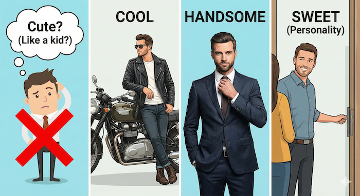 Guide on complimenting men: Avoid "Cute," use Cool, Handsome, Sweet. (男性を褒めるガイド:「Cute」を避け、Cool、Handsome、Sweetを使う)
