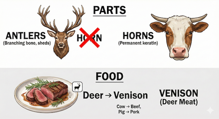 鹿の角と鹿肉(ベニソン)の解説図