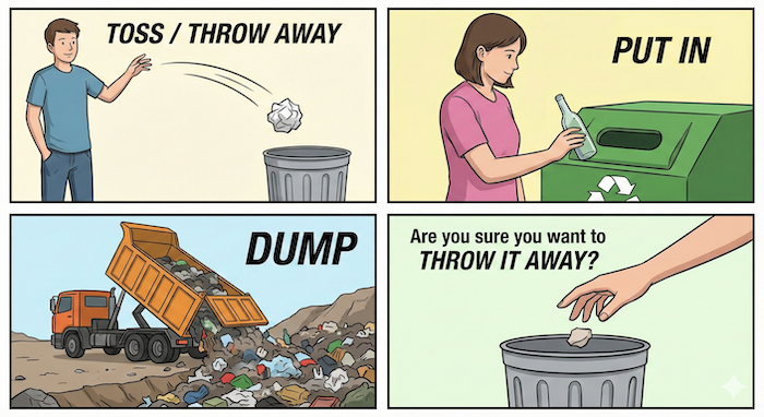 Comic strip illustrating waste disposal actions. / ゴミ捨ての動作を描いた4コマ漫画。