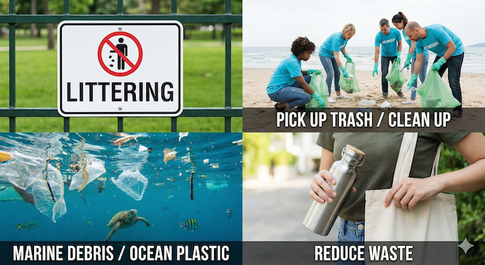 Composite image of environmental trash actions. / 環境ゴミ問題と行動のコンポジット画像。