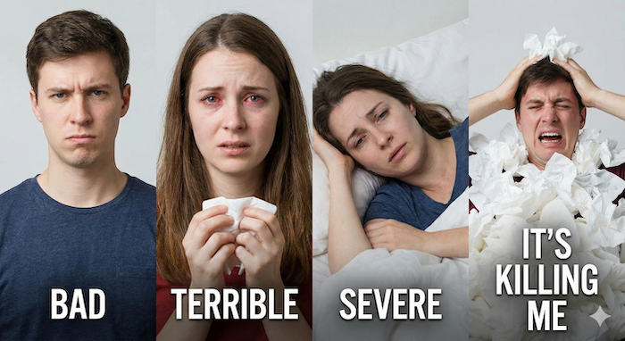 Hay fever severity scale photos. 花粉症の重症度スケール写真。