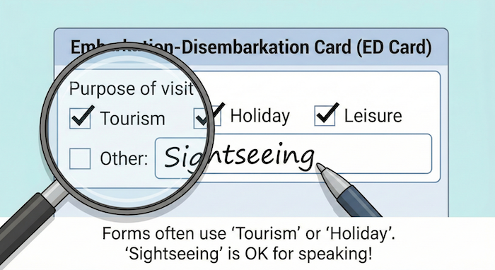 Embarkation card "Purpose of visit" section close-up. / 入国カード「訪問目的」欄のクローズアップ。