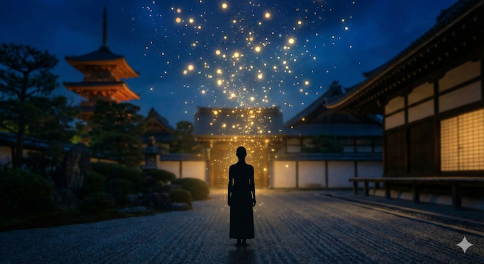 Silhouette of purification at night temple / 夜のお寺、浄化のシルエット