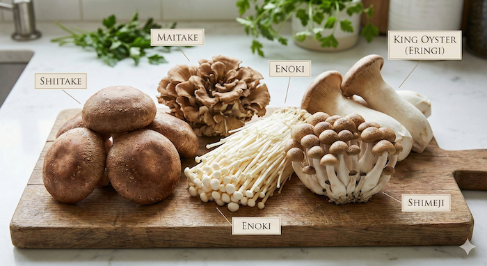 日本のきのこ図鑑風写真 (Japanese mushroom varieties culinary photo)