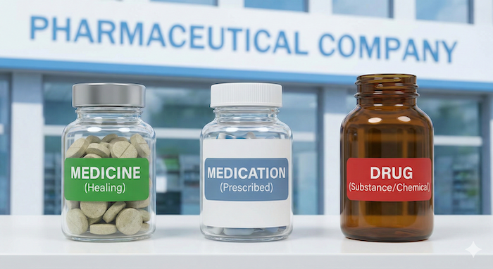 薬のボトル3種:medicine, medication, drug。