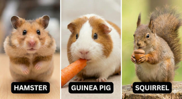 A collage of a hamster, a guinea pig, and a squirrel. (ハムスター、モルモット、リスのコラージュ写真)