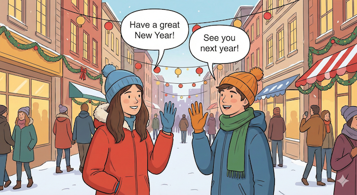 Friends exchanging pre-New Year greetings. / 年末の挨拶をする友人たち。