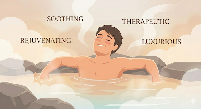 Man relaxing in a hot spring with feeling words. / 温泉でリラックスしている男性と感情を表す言葉。