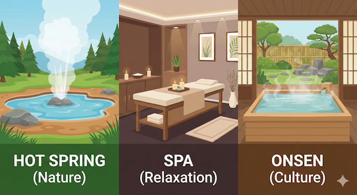Hot Spring, Spa, and Onsen comparison infographic. / 温泉、スパ、温泉の比較インフォグラフィック。