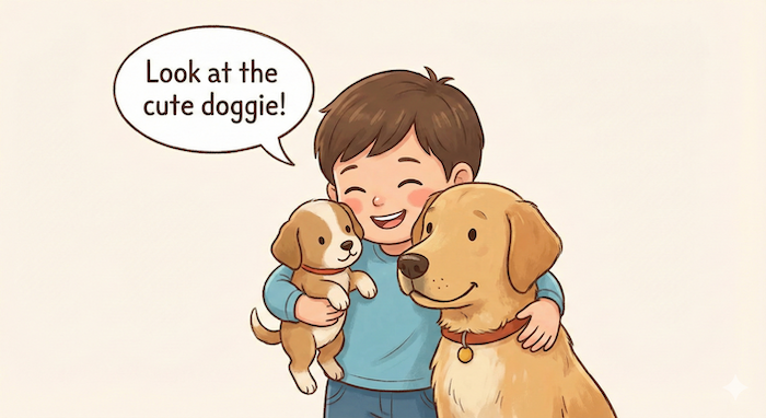 子犬と犬を抱きしめる子供。