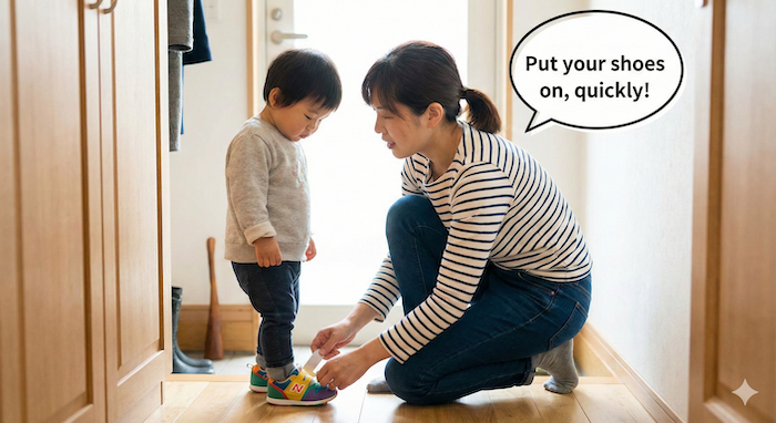Mother telling child to put on shoes. (子供に靴を履くよう言う母親)