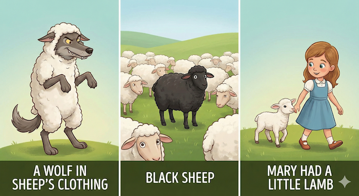 Idioms: Wolf in Sheep's Clothing & Black Sheep 代æ¿ããã¹ãïŒThree sheep idioms illustrated. 3ã€ã®çŸã®ã€ãã£ãªã ã®ã€ã©ã¹ãã
