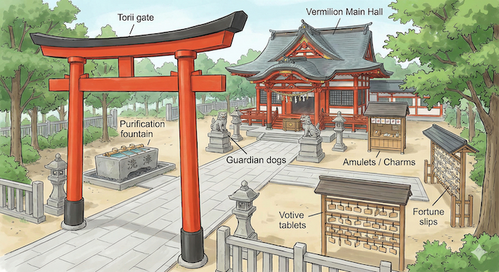 Map showing Shinto shrine elements. 神社の要素を示す地図。