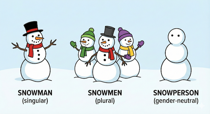 「snowman」「snowmen」「snowperson」を説明するカートゥーンイラスト