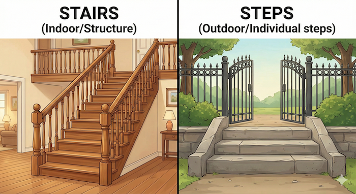StairsとStepsの違いを示すイラスト / Illustration comparing stairs and steps