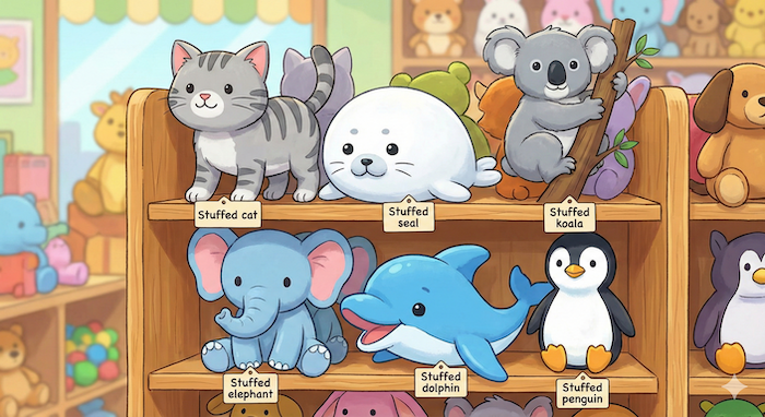 Diverse animal plush toys display. / 様々な動物のぬいぐるみ売り場。