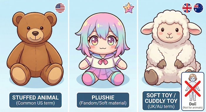 Infographic comparing stuffed animal terms. / ぬいぐるみの英語表現比較図。