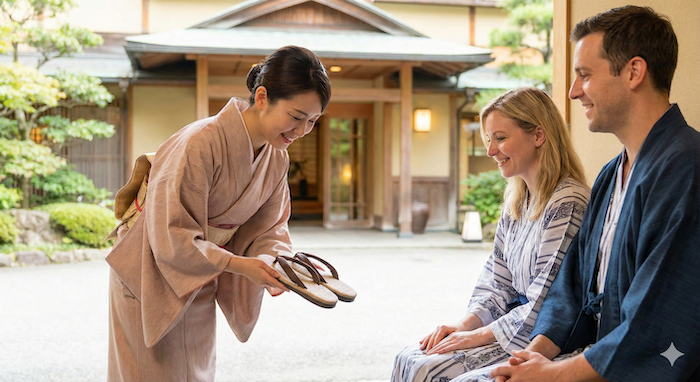 Staff welcoming guests with slippers. (スリッパで客を迎えるスタッフ)