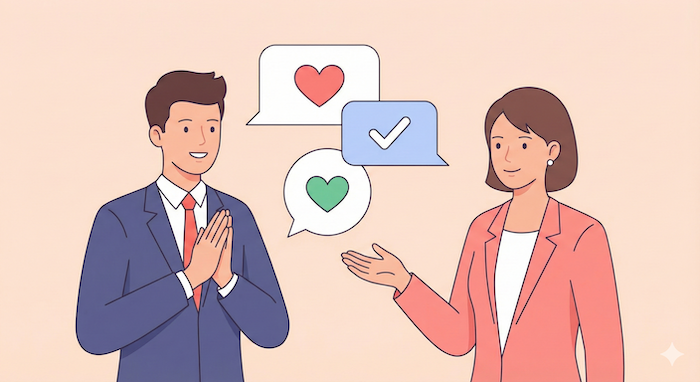 笑顔で会話するビジネスマンとビジネスウーマン