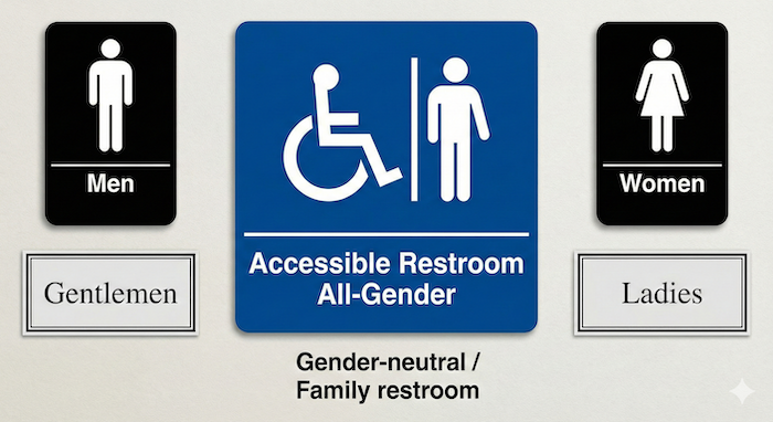 å€ç®çã»ç·å¥³å¥ãã€ã¬ã®æšè (English: Signs for Accessible, Men's, and Women's Toilets)