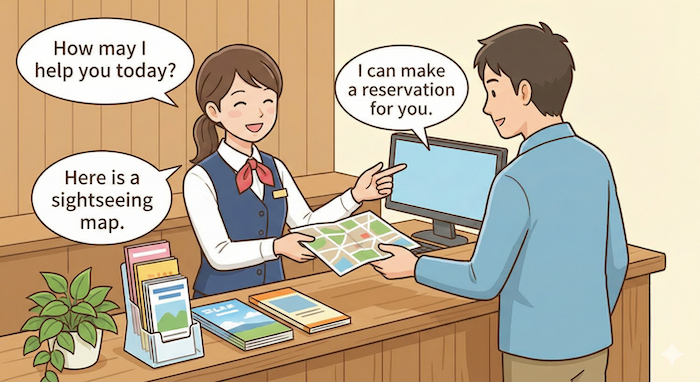 Tourist information staff assisting a traveler with a map and key English phrases. / 観光案内所のスタッフが旅行者に地図を渡し、英語のフレーズで対応している様子。