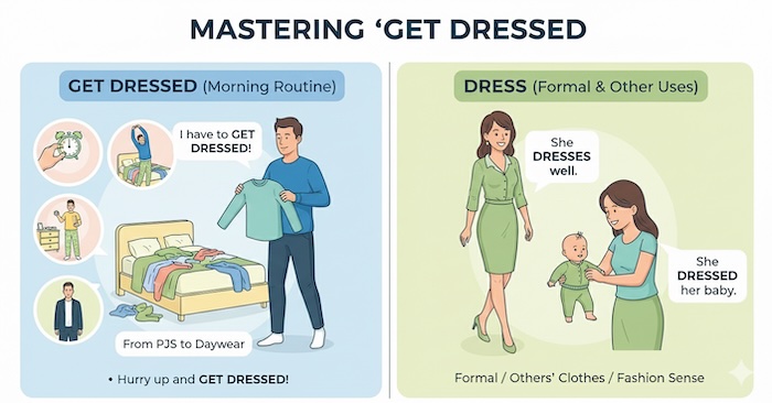 dress(V)とget dressedの違いを説明する画像