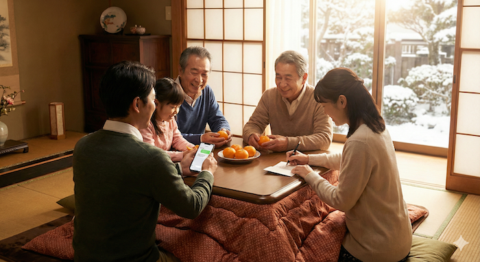 Family at kotatsu, winter. (こたつの家族、冬。)